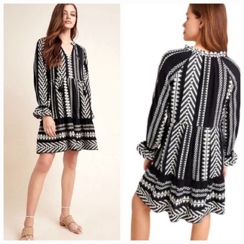 Anthropologie Maeve Dominique Tunic Dress Black CreamTribal Patteen Small